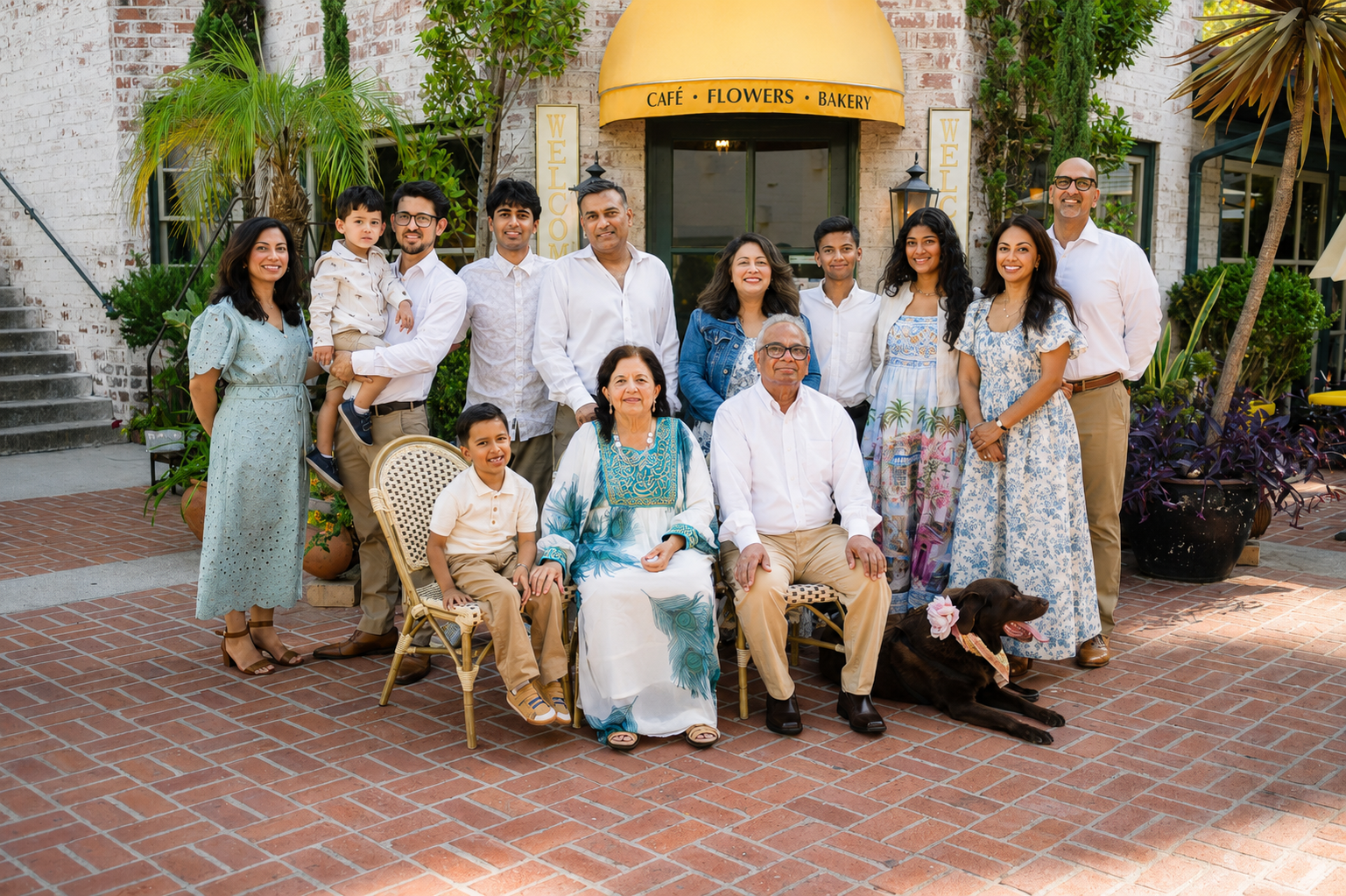 Large multigenerational family portrait outside a flower cafe