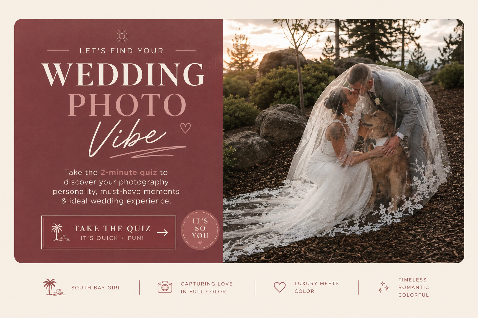 Let's find your wedding photo vibe — take the 2-minute quiz to discover your photography personality, must-have moments and ideal wedding experience
