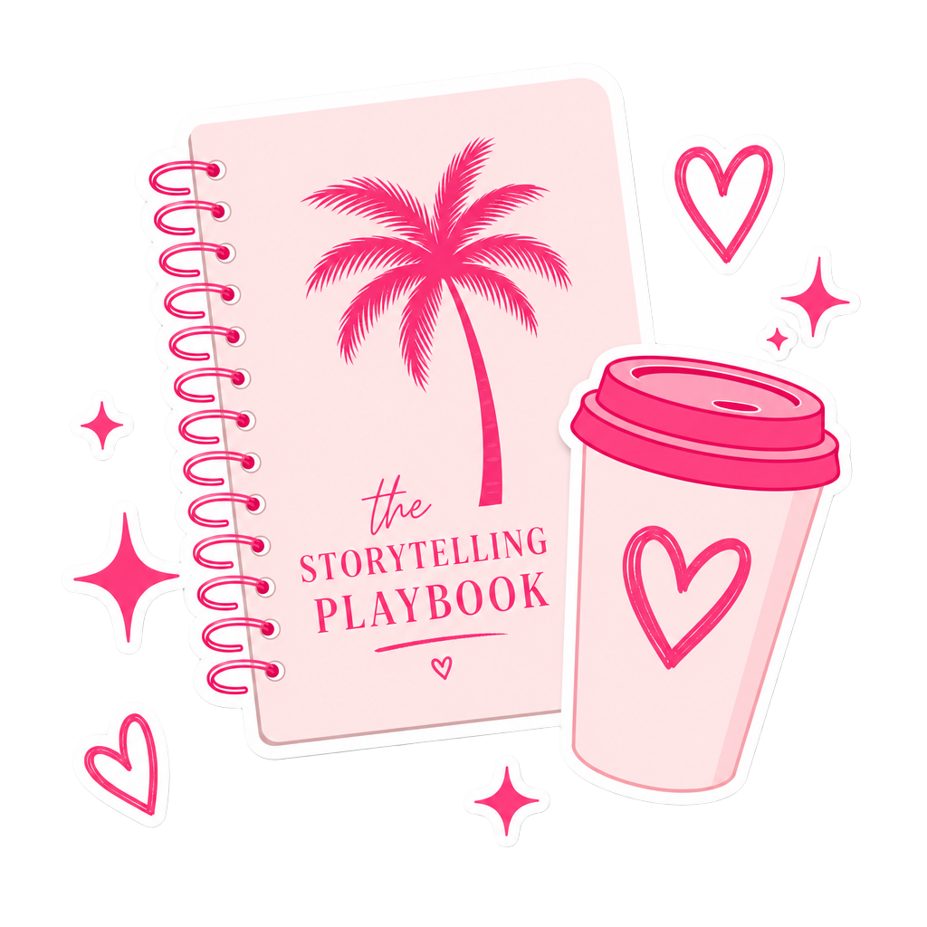 The Storytelling Playbook notebook and coffee cup sticker illustration